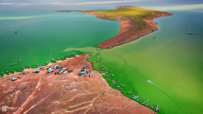 Southern Vietnam lake wears emerald garb in algae season